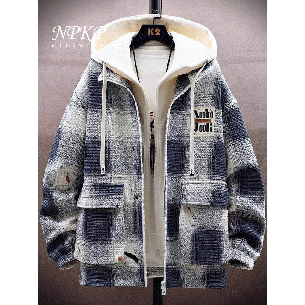 港风格子外套男款春秋新款加绒加厚保暖假两件连帽夹克上衣男装潮