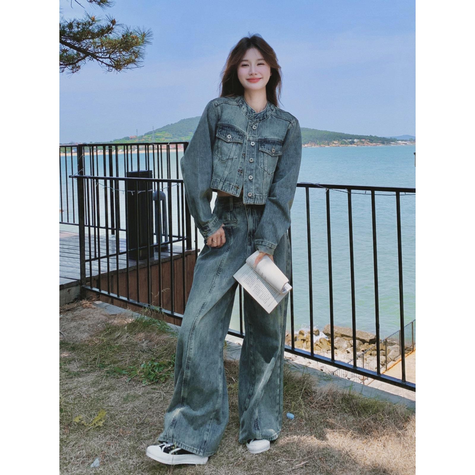 牛仔套装女秋季2025新款一整套穿搭又a又飒爆款甜酷阔腿裤两件套