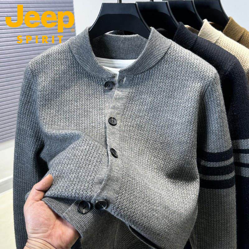 JEEP SPIRIT高档提花棒球领毛衣男春秋季2025新款开衫立领针织衫
