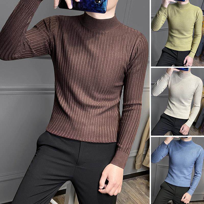 潮牌半高领修身保暖毛衣男新款薄绒高级感中领长袖线衣针织打底衫