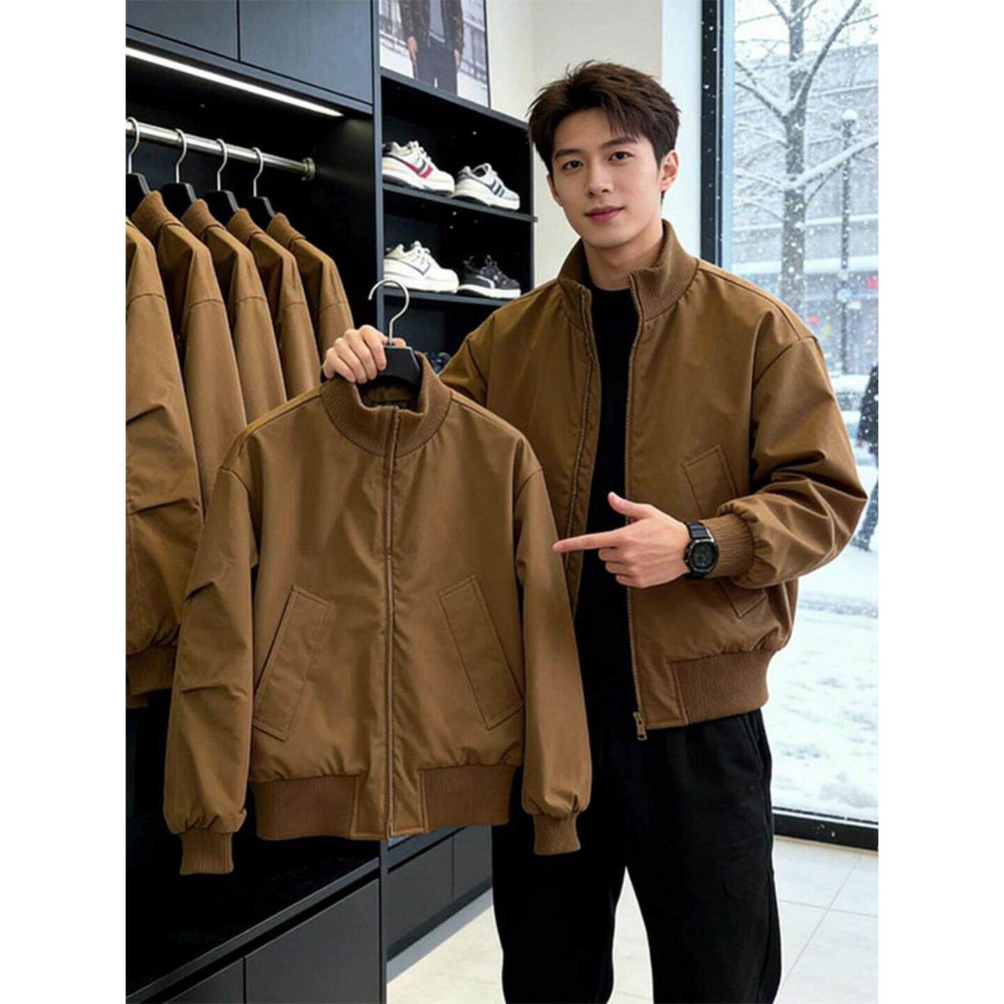 美拉德棕色棒球服外套男款春秋季潮牌百搭廓形短款立领飞行员夹克