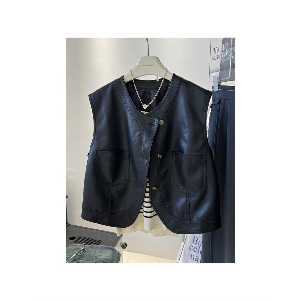 韩国黑色真皮马甲女2024新款春秋短款机车服无袖背心马夹外套皮衣