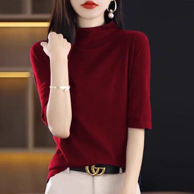 安可拉红色半高领打底衫女款2025年新款秋季基础款内搭五分袖上衣