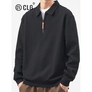香港CLG潮牌半拉炼polo领长袖卫衣男套头春秋款宽松翻领痞帅上衣