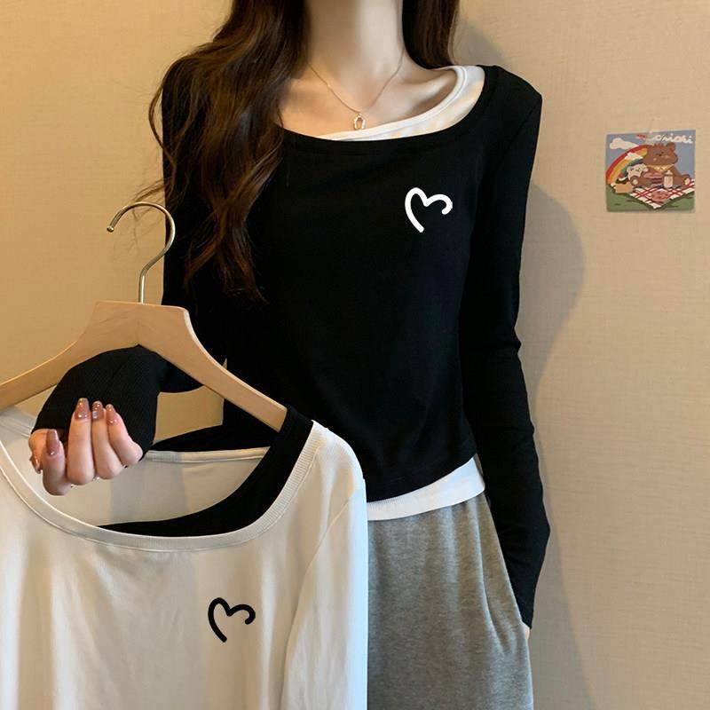 韩国假两件方领长袖t恤女小众设计感独特上衣减龄内搭洋气打底衫