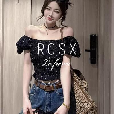 ROSX法式高级感一字肩黑色波点泡泡袖衬衫女夏季修身显瘦百搭上衣