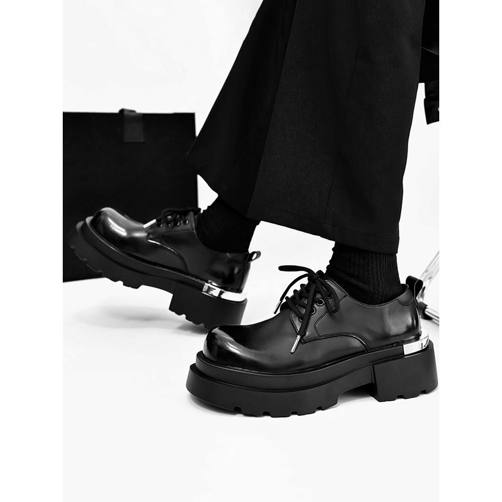 轻奢朋克厚底德比鞋2025秋季男士真皮圆头黑色英伦风增高机车皮鞋