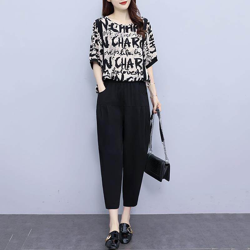 休闲时尚套装女夏季2025新款气质时髦减龄显瘦圆领短袖裤子两件套