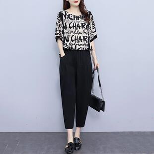 休闲时尚套装女夏季2025新款气质时髦减龄显瘦圆领短袖裤子两件套