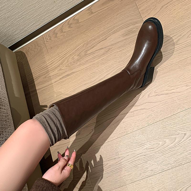 ins一眼留恋！巨显瘦~真皮不过膝靴子女长筒靴粗跟高筒骑行靴中跟