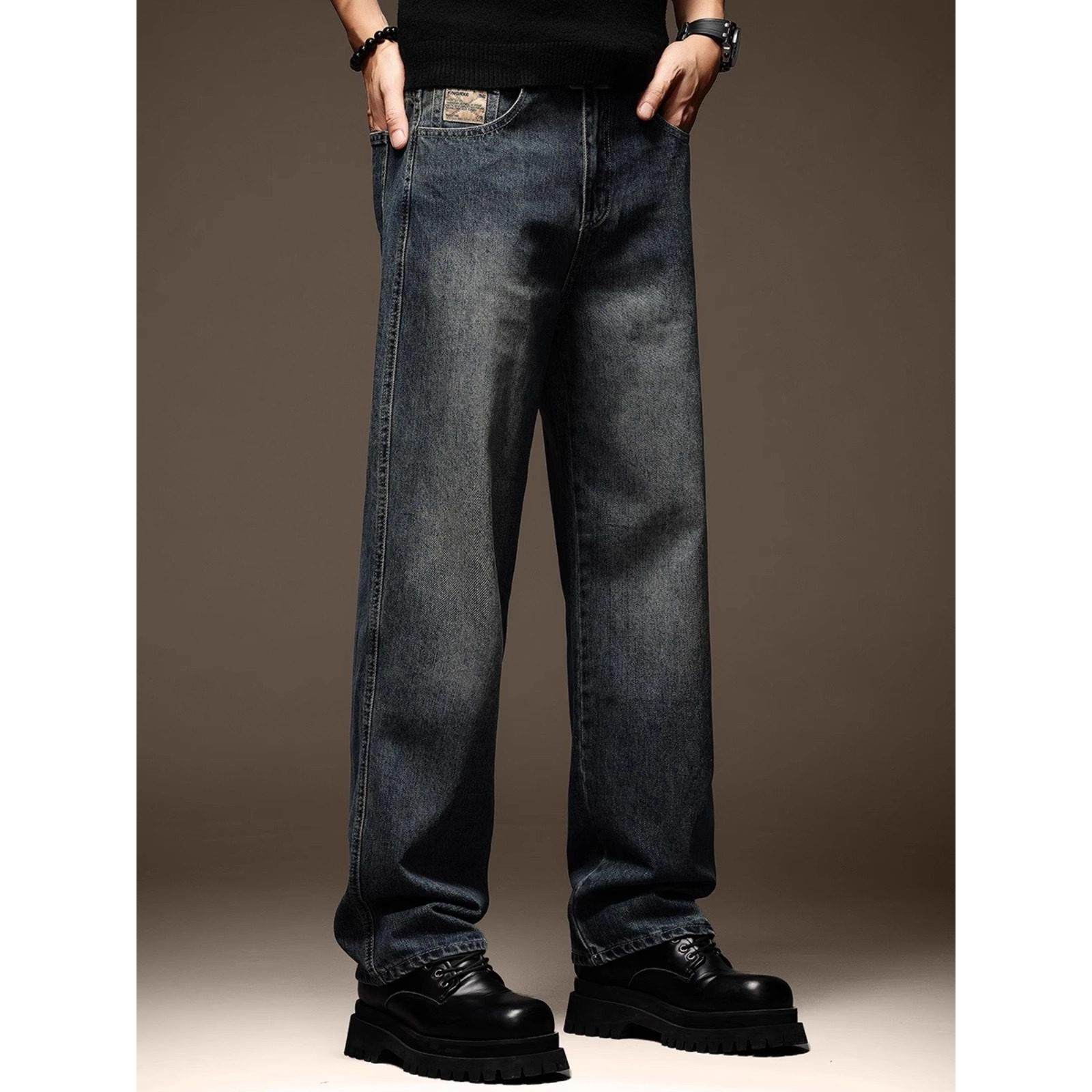 it neith BIAS潮牌美式覆古蓝色牛仔裤男休闲加绒阔腿宽松直筒裤