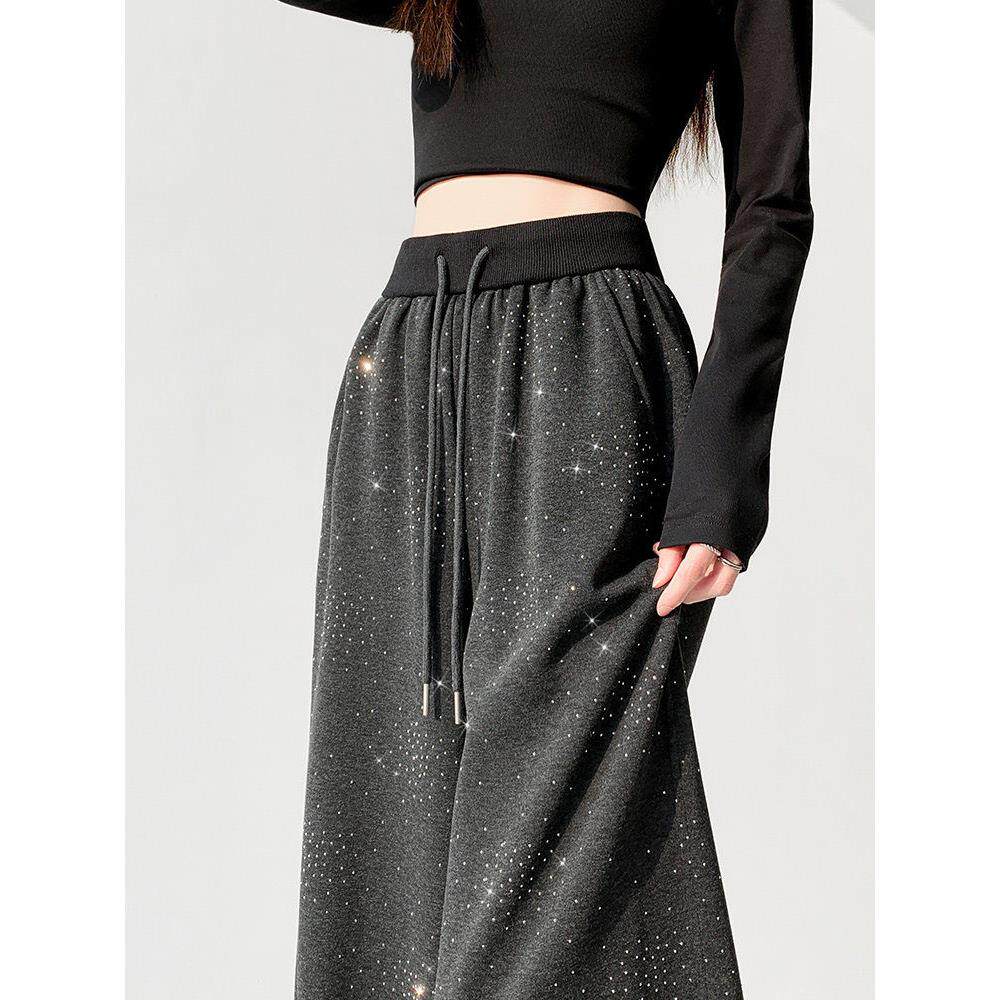 英国DGKP满天星烫钻高腰阔腿裤女春秋新款宽松垂感休闲运动卫裤子