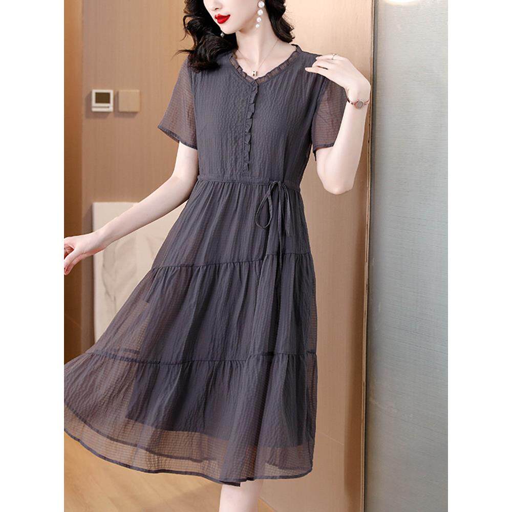短袖雪纺连衣裙女夏季2025新款女士高级感宽松时尚气质显瘦长裙子