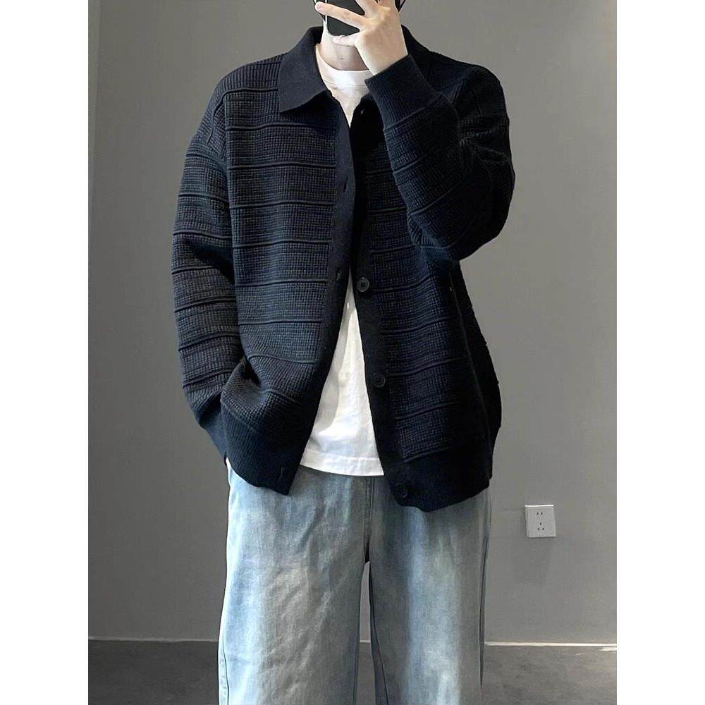 LL男装针织开衫男秋冬潮牌高级感外套黑色休闲翻领轻熟风韩系穿搭