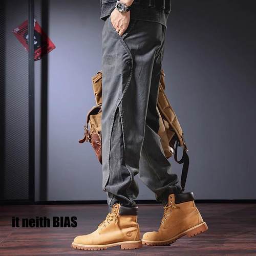 it neith BIAS潮牌拼接工装裤男春秋束脚休闲灰色美式痞帅高级感