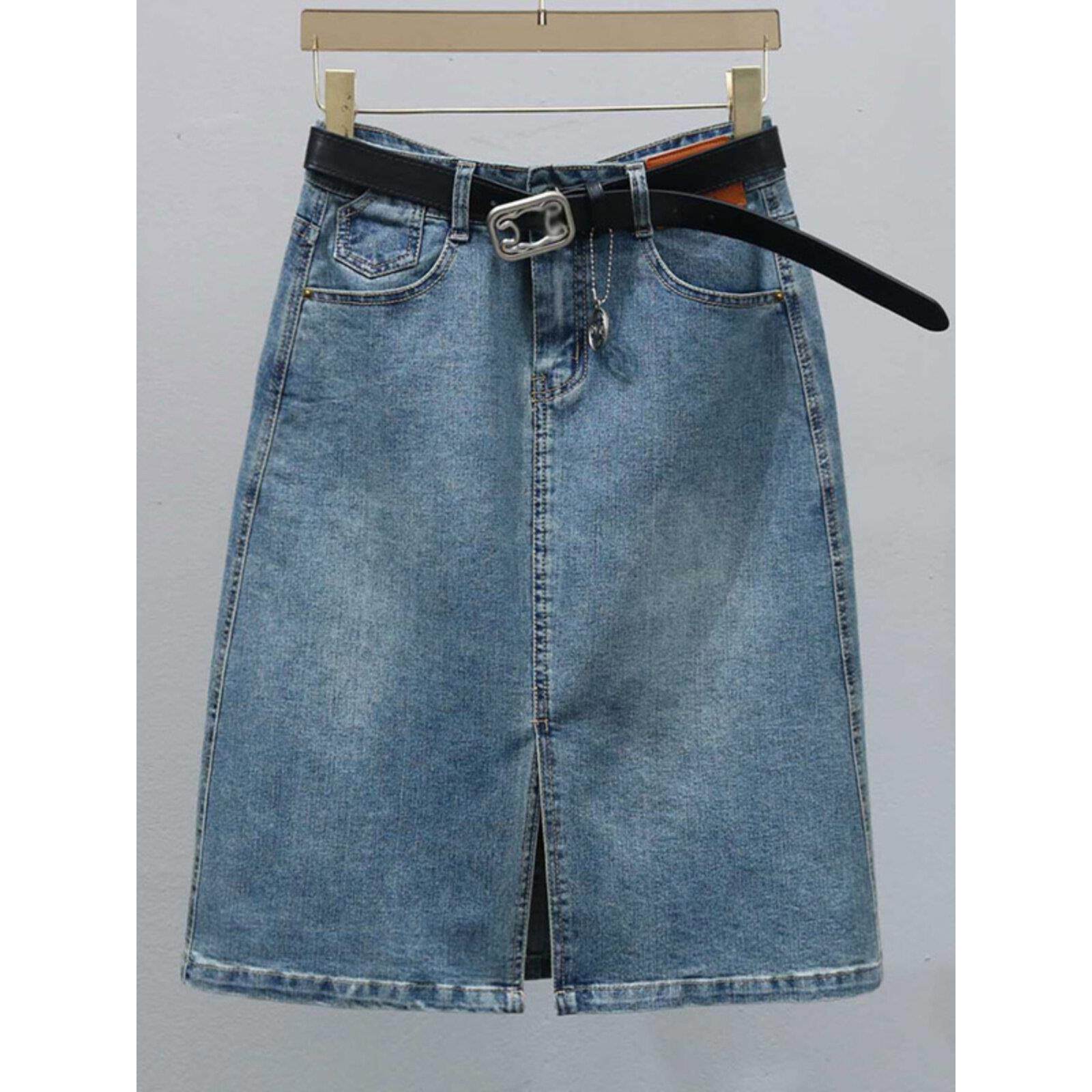 2025年新款百搭浅蓝色中裙子夏季新款显瘦A字半身裙高腰牛仔裙女