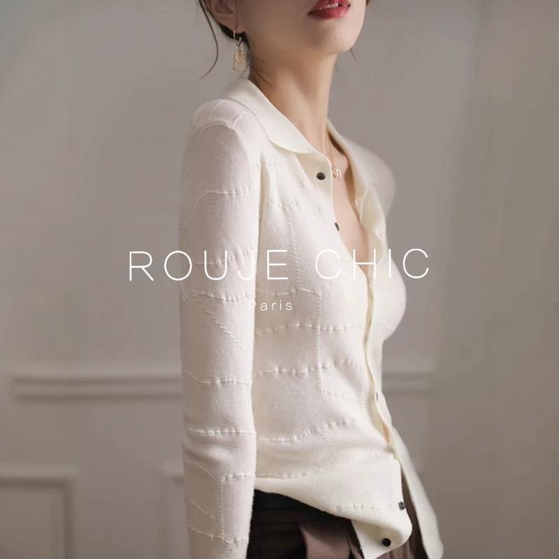 ROUJE CHIC法式优雅气质白色翻领羊毛针织衫女春温柔修身显瘦上衣