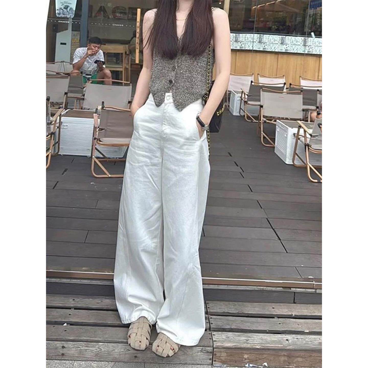 轻奢白色棉麻女士阔腿裤夏季新款宽松高端褶皱休闲直筒阔腿裤适合