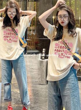 I.Tchooiate印花纯棉短袖t恤女2025夏款大码减龄宽松显瘦遮肚上衣