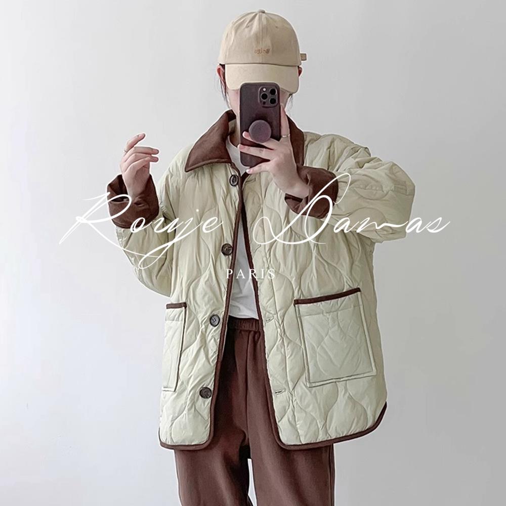 Rouje Damas法式小香风轻薄羽绒棉服女翻领灯芯绒菱格白鸭绒外套