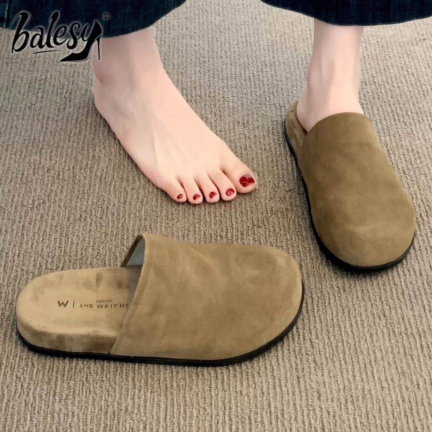 英国真皮厚底包头半拖鞋女外穿2025新款秋冬季超火百搭软底懒人鞋