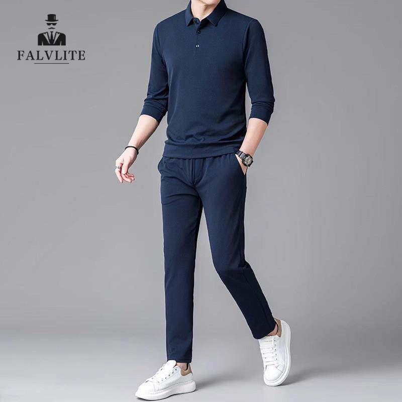 FALVLITE春秋纯色百搭长袖休闲男韩版翻领T恤长裤polo衫运动套装