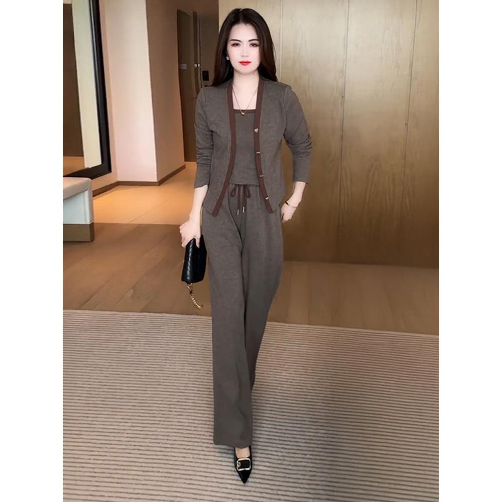 时尚休闲套装女2025年春秋新款洋气显瘦减龄开衫背心阔腿裤三件套