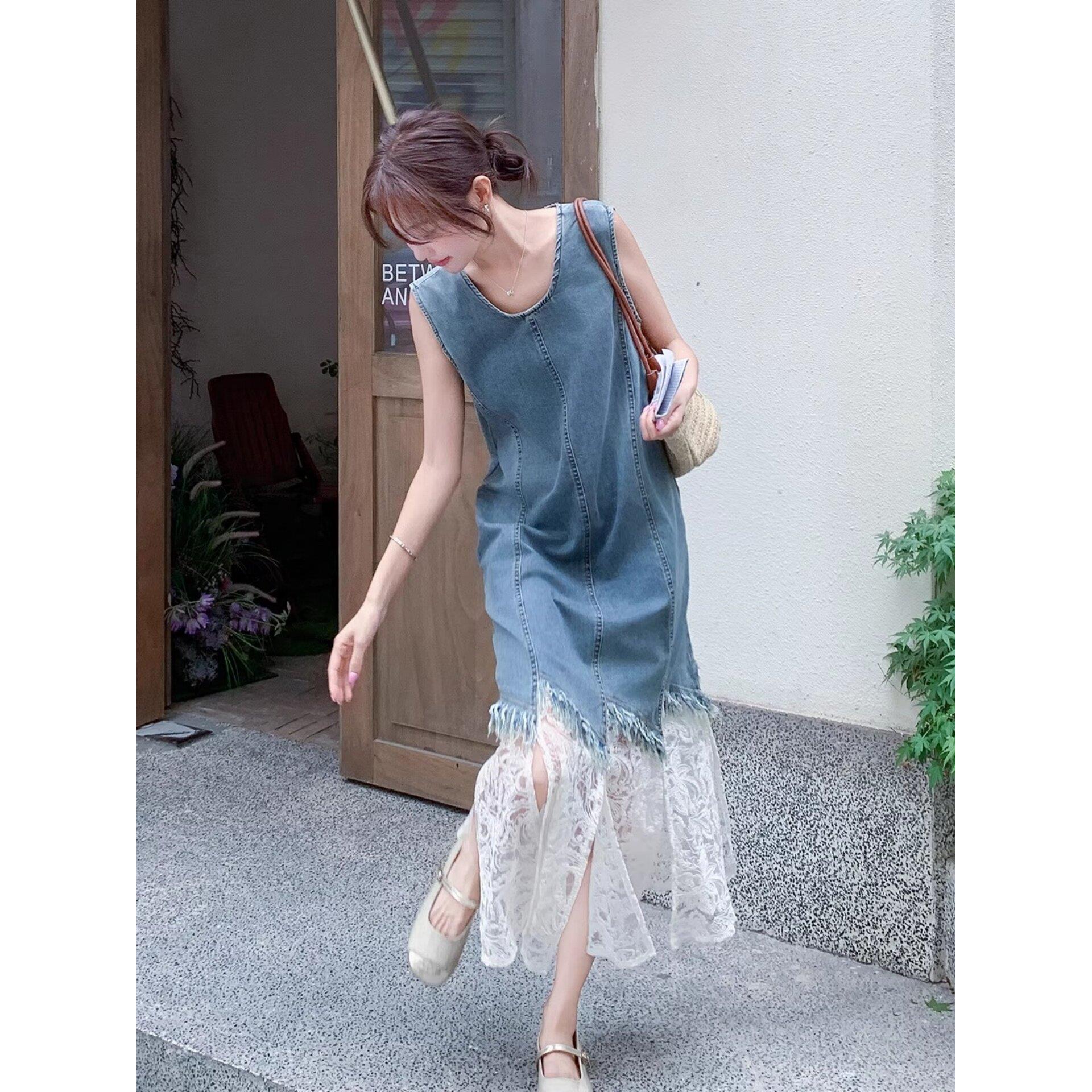 Chlenady设计师牛仔连衣裙女士的夏季独特和美丽的蕾丝拼接无袖背