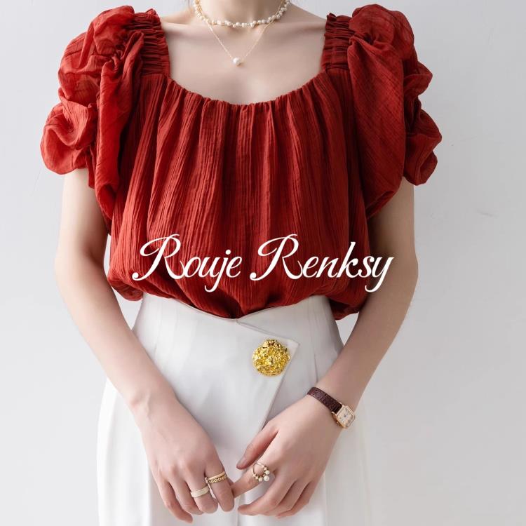 法国rouje renksy法式气质方领红色显白褶皱泡泡袖雪纺衬衫女夏季