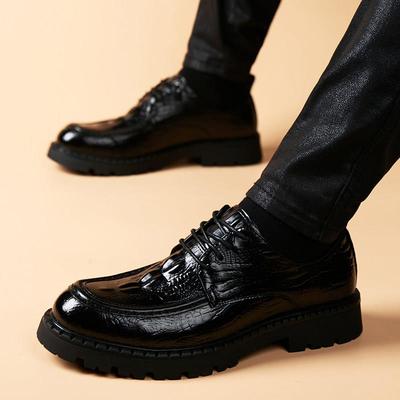 潮牌鳄鱼纹休闲皮鞋男士春秋季新款英伦厚底透气真皮结婚新郎鞋子