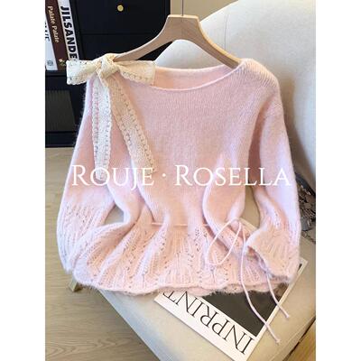 法国Rouje Rosella桃之夭夭?甜美蕾丝系带蝴蝶结针织女百搭上衣