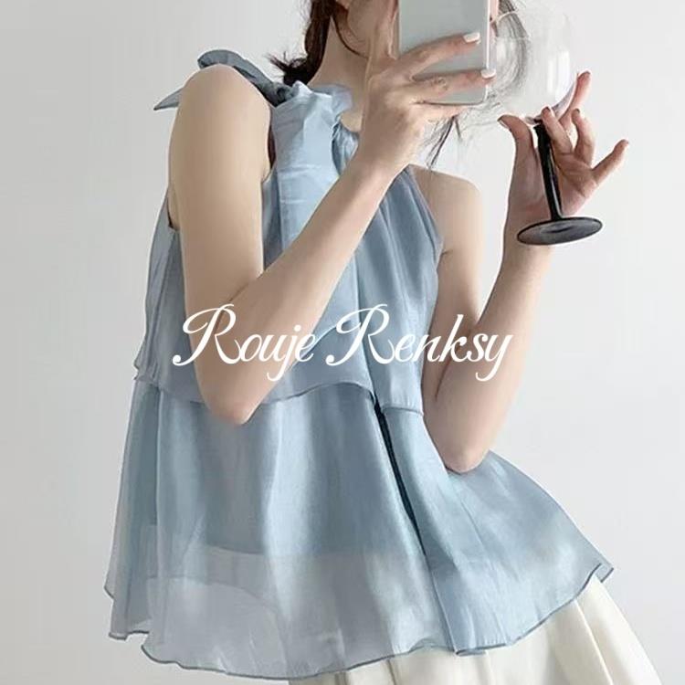 法国rouje renksy法式气质蓝色挂脖绑带设计背心小众雪纺衬衫女夏