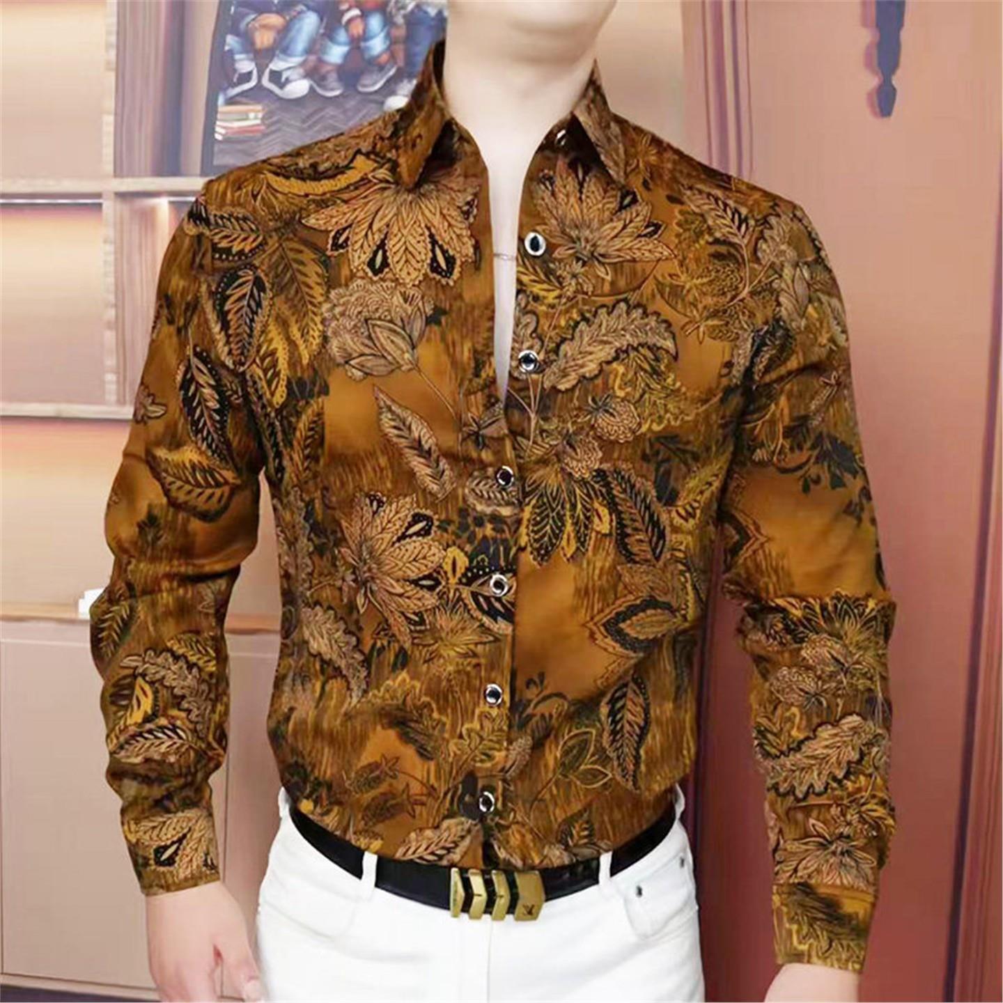 高端正品男士欧货秋季长袖衬衫轻奢时尚个性立体印花弹力理发型师