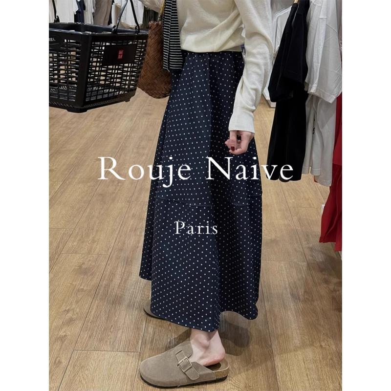 Rouje Naive藏青色波点半身裙女春夏新款显瘦半裙高腰拼接A字裙子