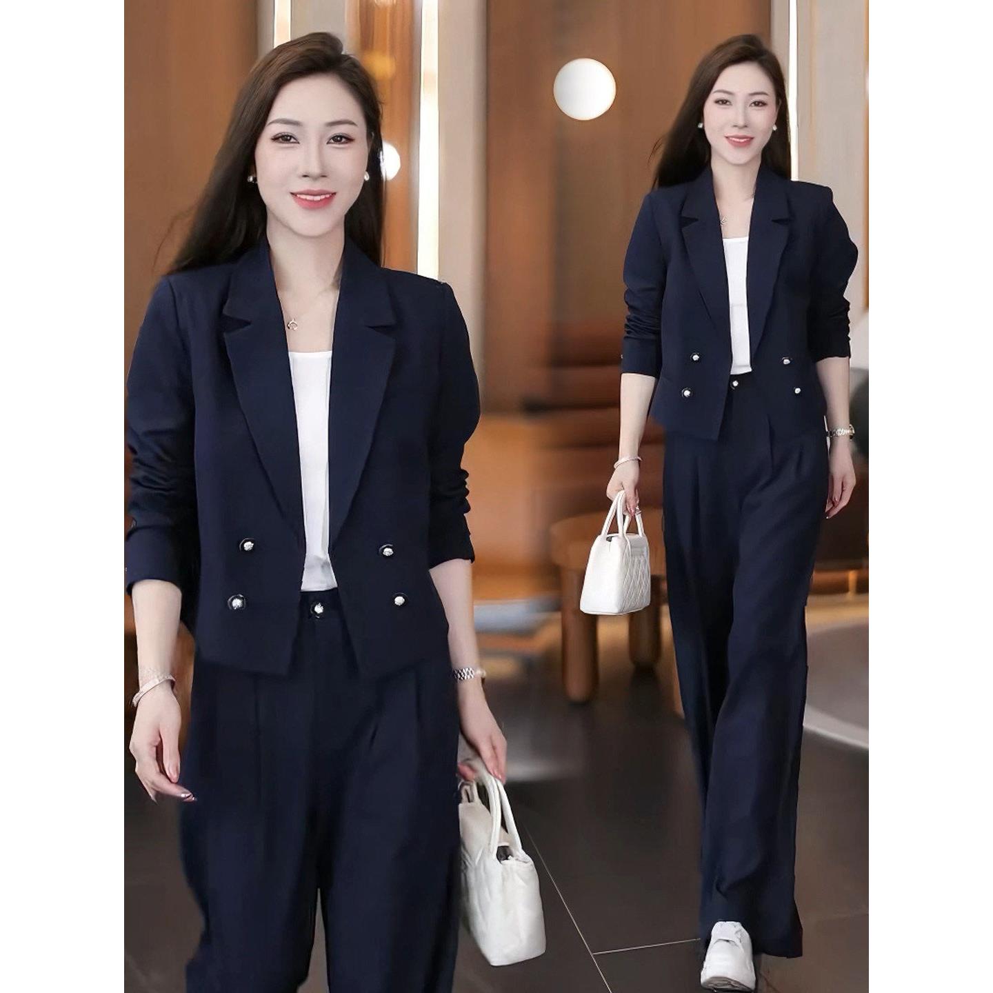 时尚休闲套装女2026春季新款洋气双排扣短款西装外套阔腿裤两件套