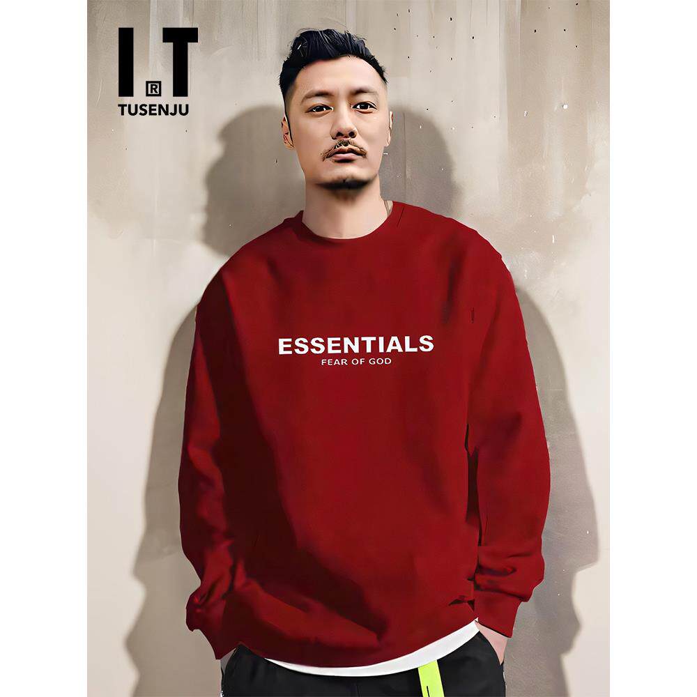 香港潮牌秋冬男女同款圆领卫衣美式高街休闲潮流宽松酒红情侣外套