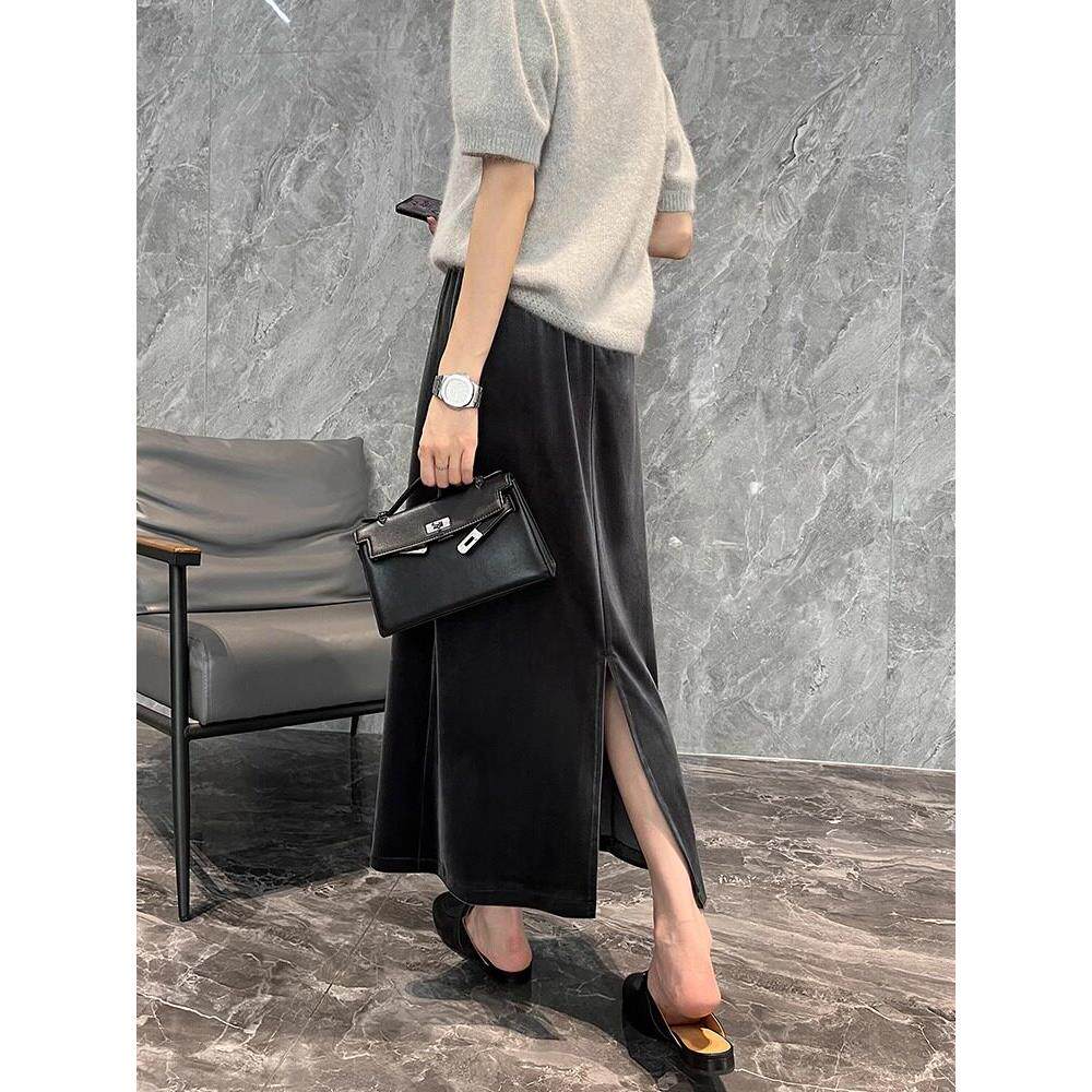 2025春秋新款金丝绒半身裙女高腰开叉松弛穿搭覆古垂感中长一步裙