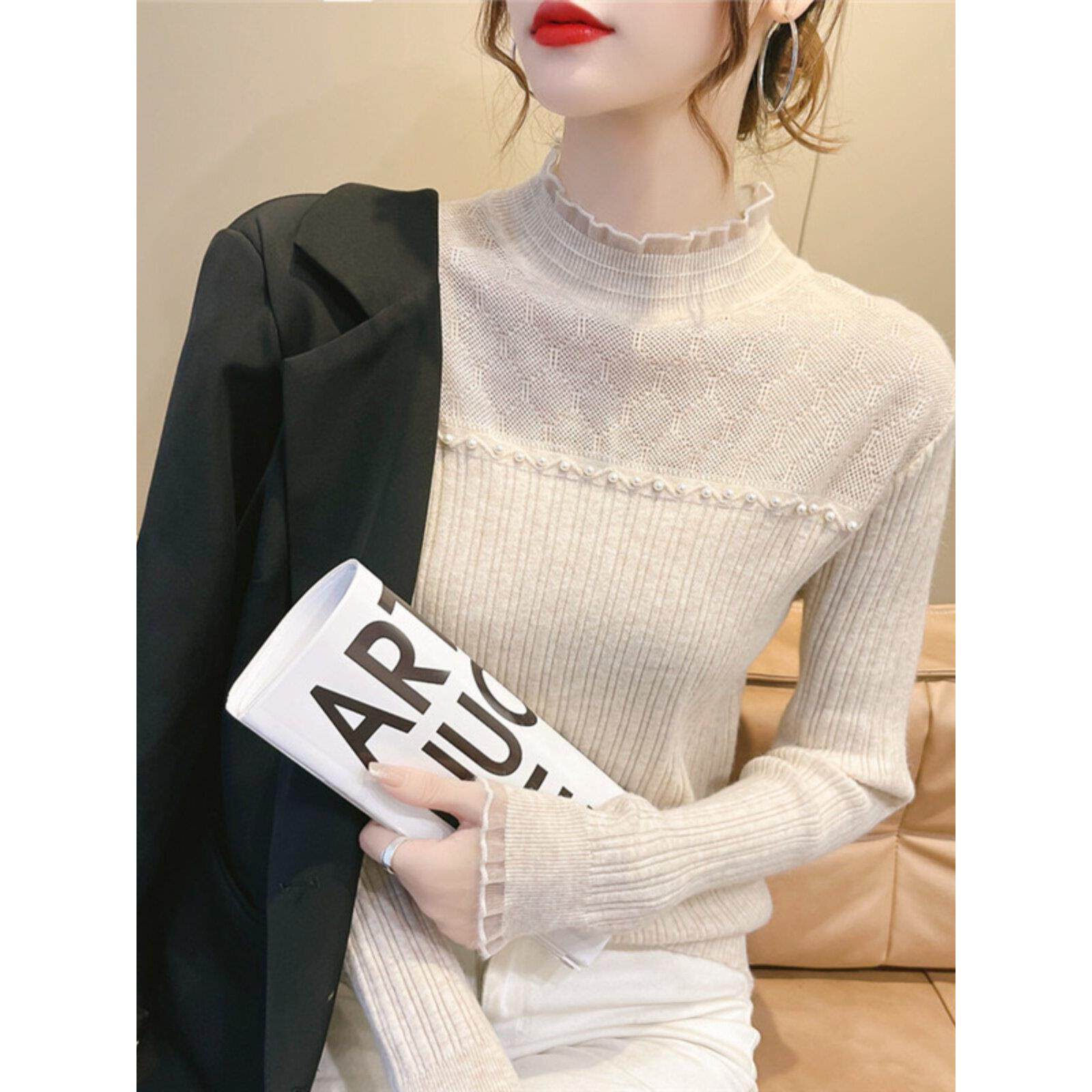 潮牌甜美打底衫女毛衣秋冬新款半高领修身内搭蕾丝针织衫加绒上衣