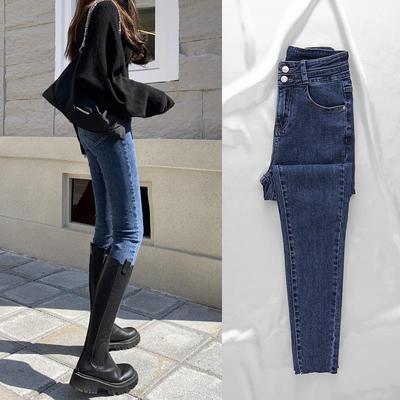春秋季深蓝色弹力紧身牛仔裤女2025新款高腰显瘦修身小脚铅笔裤子