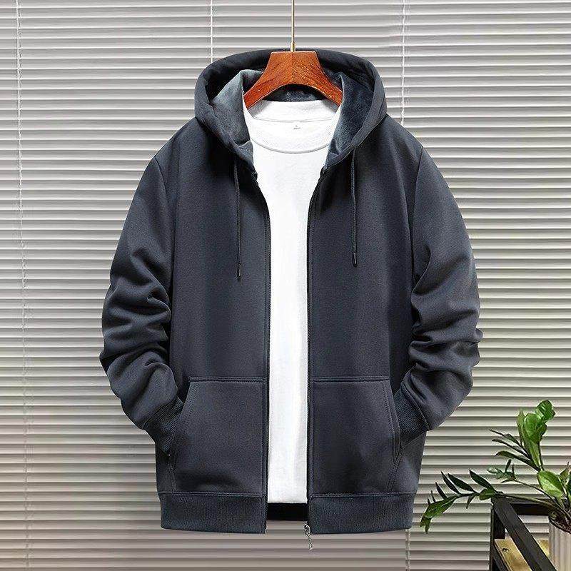 加绒加厚连帽开衫男女款春秋季新款宽松休闲拉炼纯色百搭卫衣外套