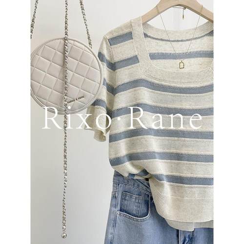 法国Rixo Rane重磅推荐⭐冰丝短袖条纹t恤女设计感正肩方领针织衫