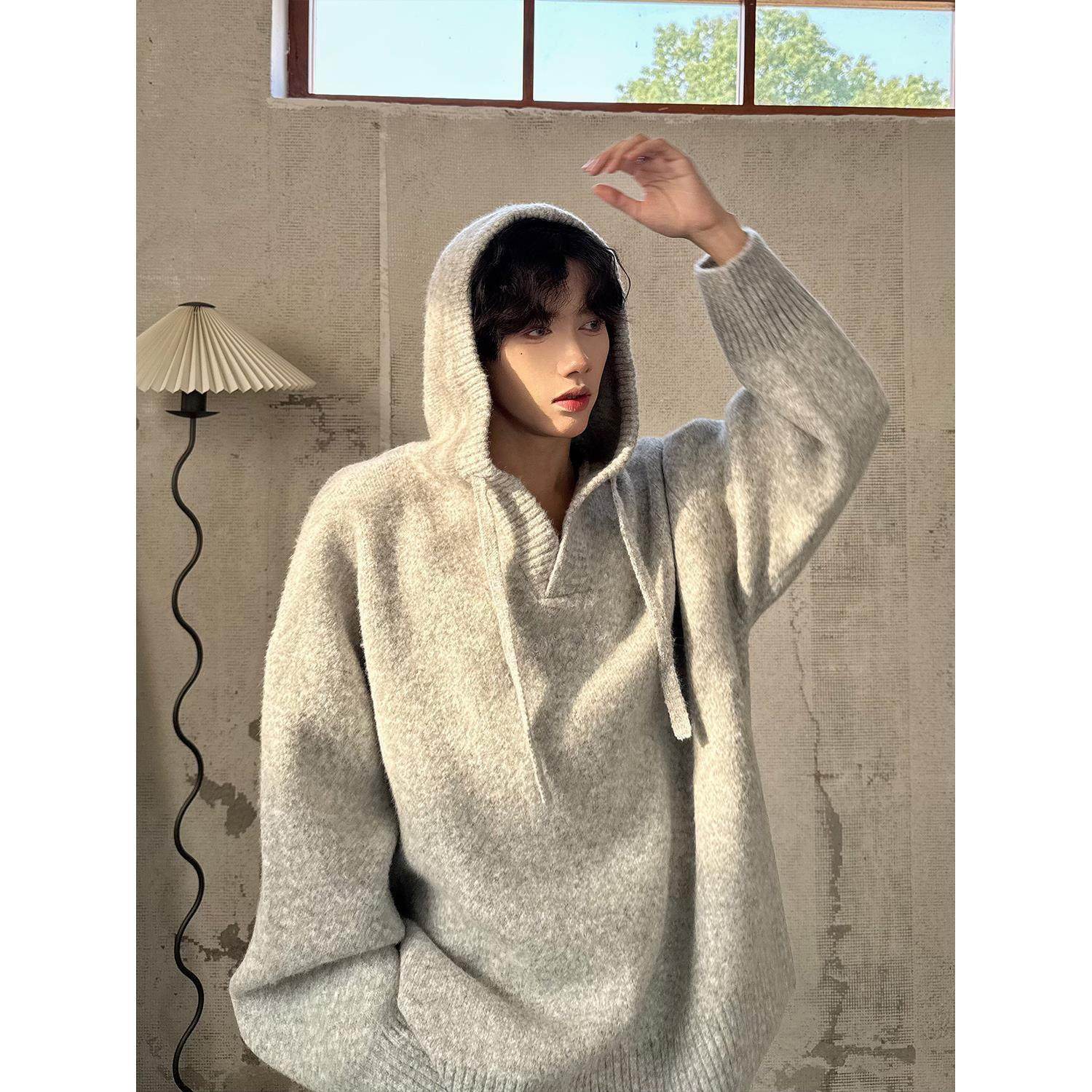 コーデロイの潮牌连帽毛衣男士春秋季高级感V领针织衫慵懒风外套