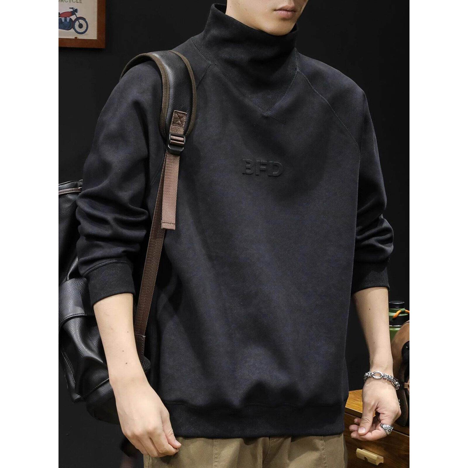 it Afternnaths潮牌半高领卫衣男春新款重磅大码黑色加绒长袖上衣