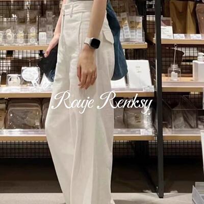 法国rouje renksy法式休闲白色高腰棉麻高级垂感显瘦阔腿裤女夏季