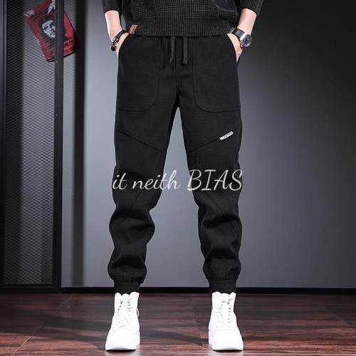 it neith BIAS灯芯绒休闲裤男秋冬宽松加绒黑色大码松紧腰束脚裤