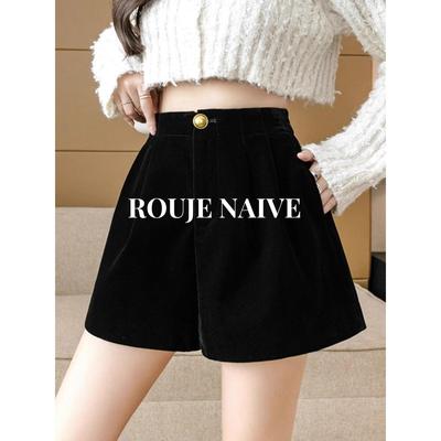 ROUJE NAIVE金丝绒黑色毛呢短裤女秋冬小个子宽松高腰a字外穿靴裤