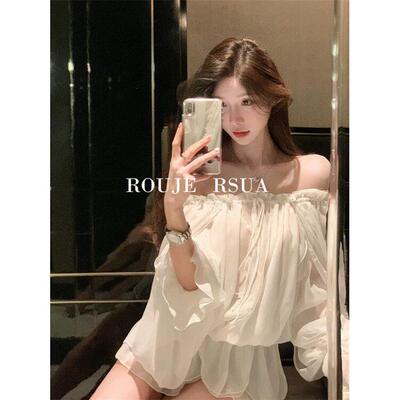 ROUJE RSUA法式白色一字肩雪纺衬衫上衣女设计感宽松气质长袖春夏