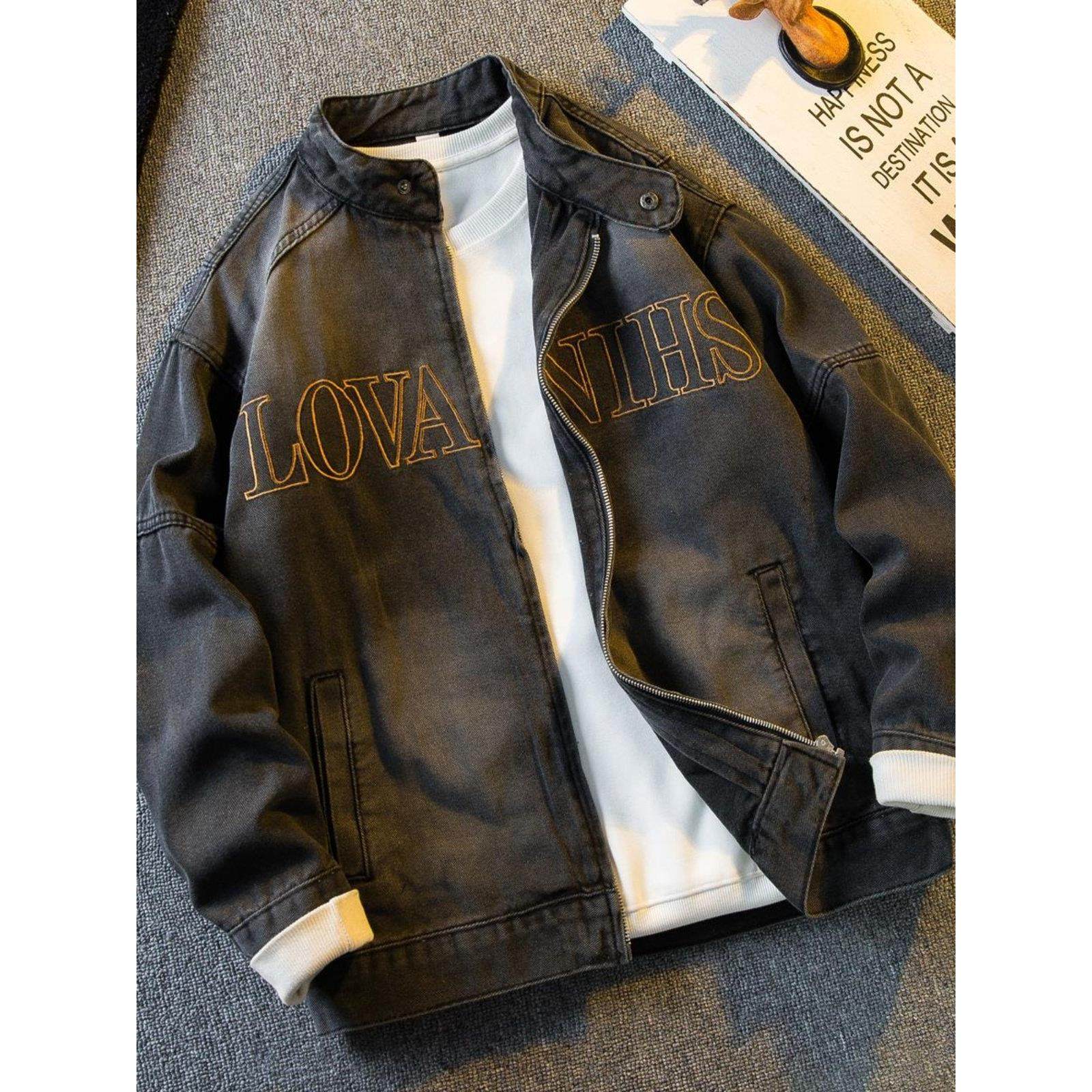 美式覆古立领夹克男春秋季2025年新款高级感短款痞帅男士牛仔外套,男装,牛仔外套,淘宝优惠券,粉丝福利购,淘宝优惠卷