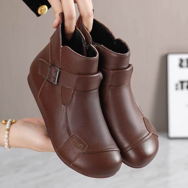 2025春秋季新款真皮平底短靴覆古软底妈妈鞋大码女靴软皮防滑棉鞋,女鞋,时装靴,淘宝优惠券,粉丝福利购,淘宝优惠卷