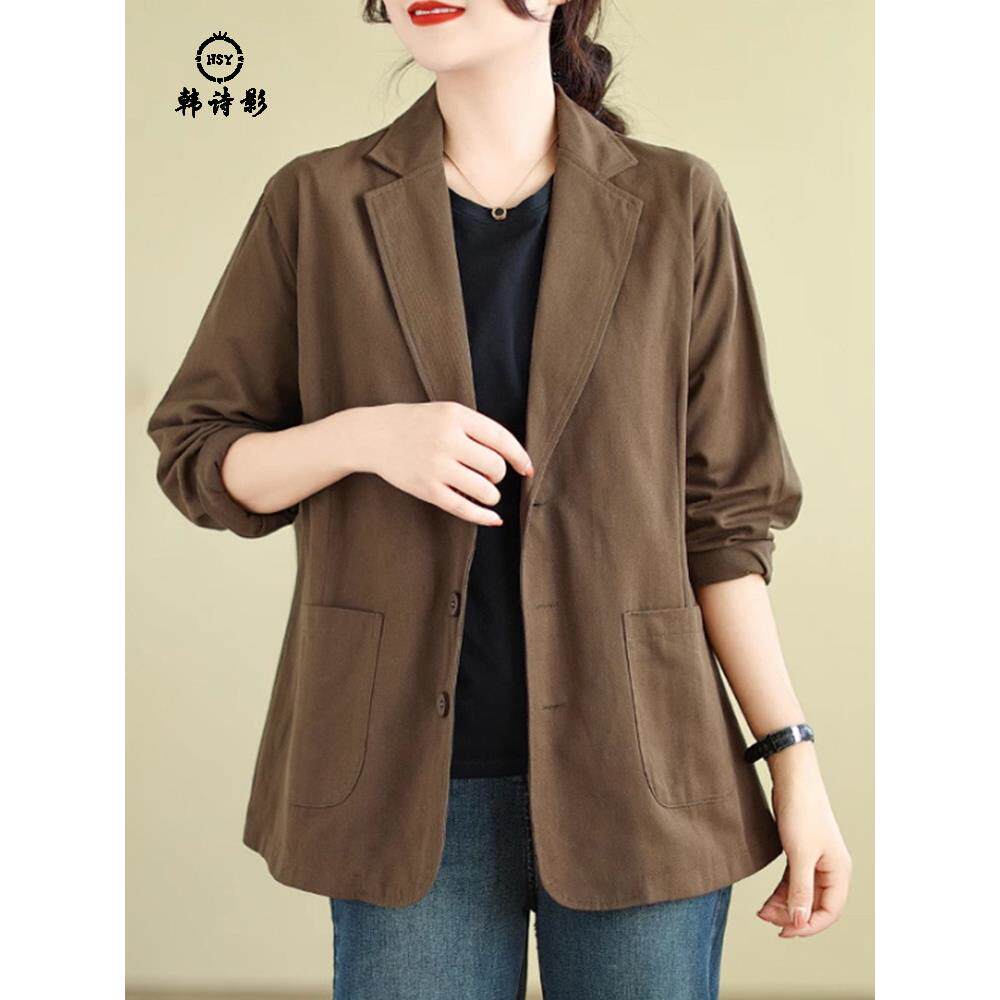 2025春秋大码西装上衣休闲休闲时尚上衣棉文学宽松棕色斜纹西装